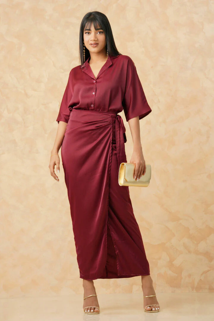 Bayleee Meenzo Maroon Satin Wrap Skirt