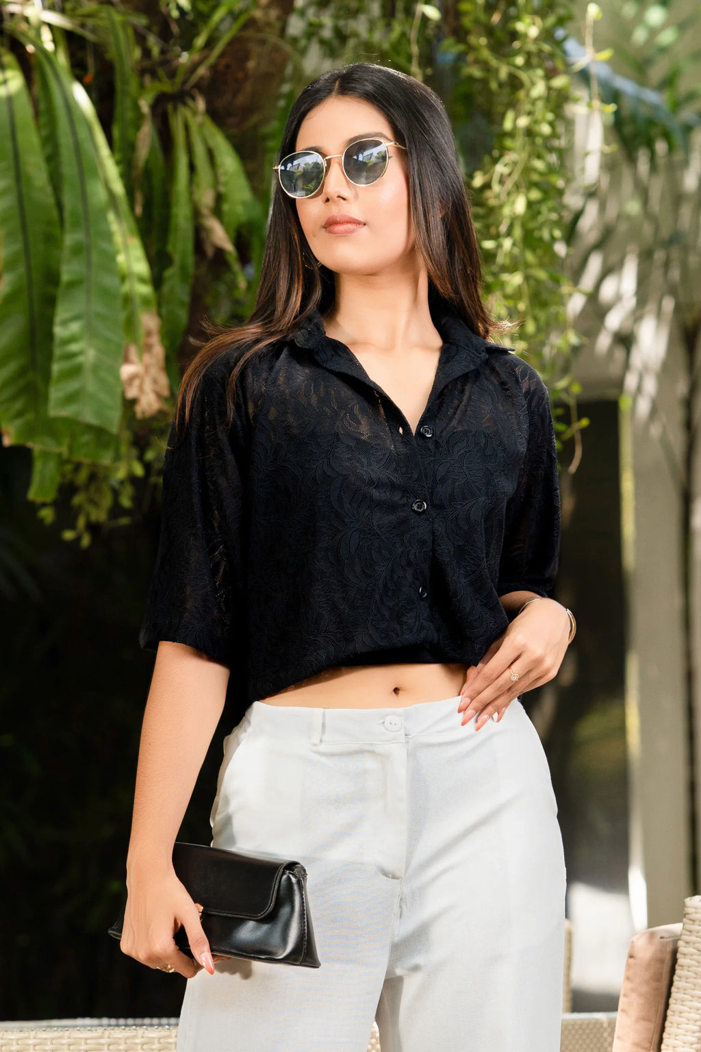 Bayleee Fara Lace Oversized Crop Shirt