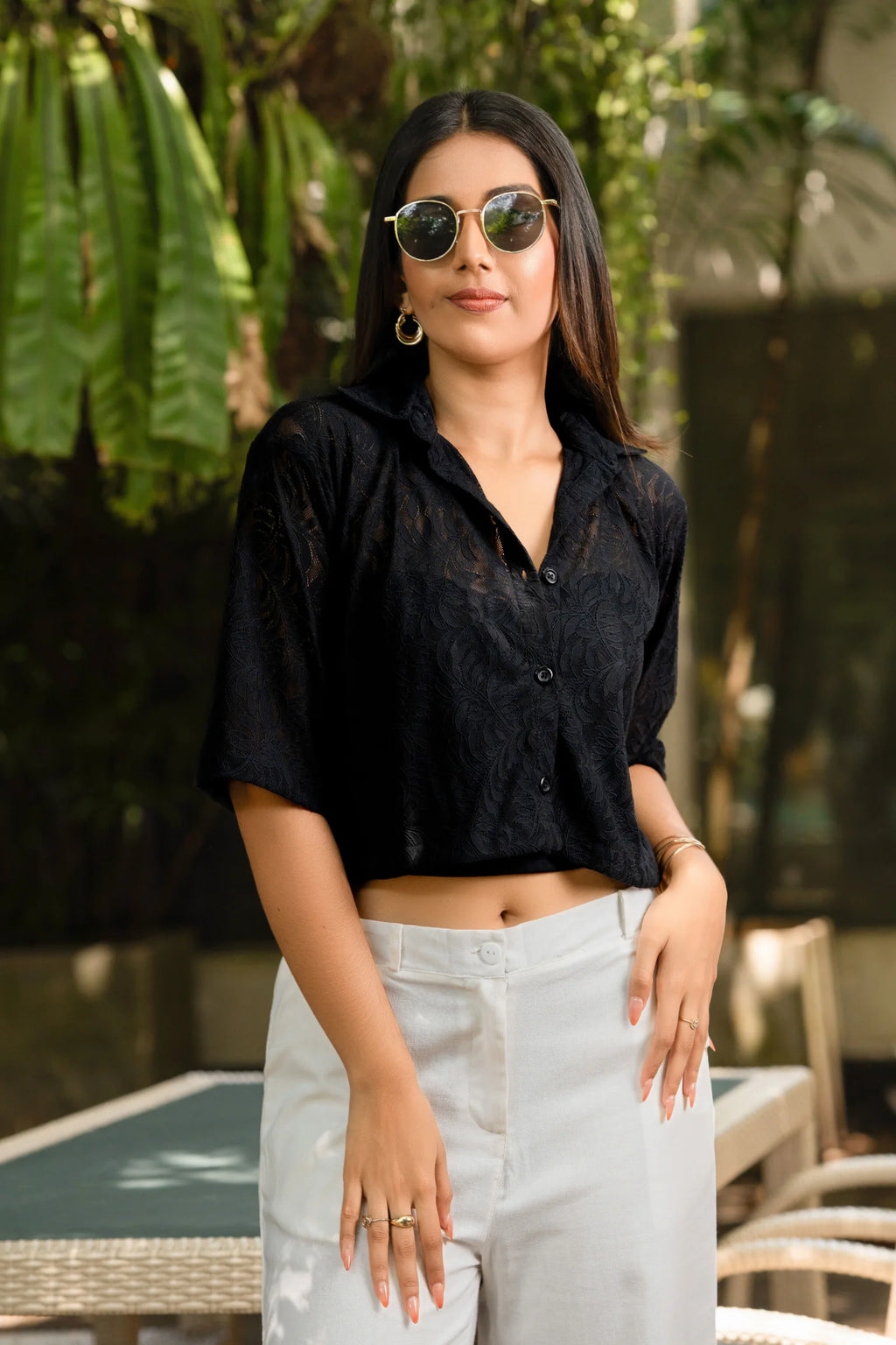 Bayleee Fara Lace Oversized Crop Shirt