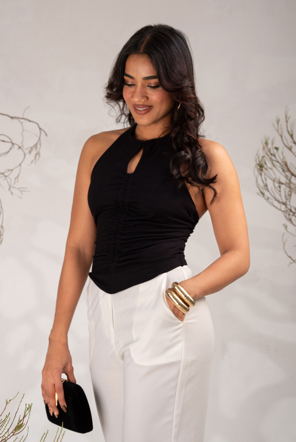 BAYLEEE AZRINA FRONT RUCHED HALTER TOP