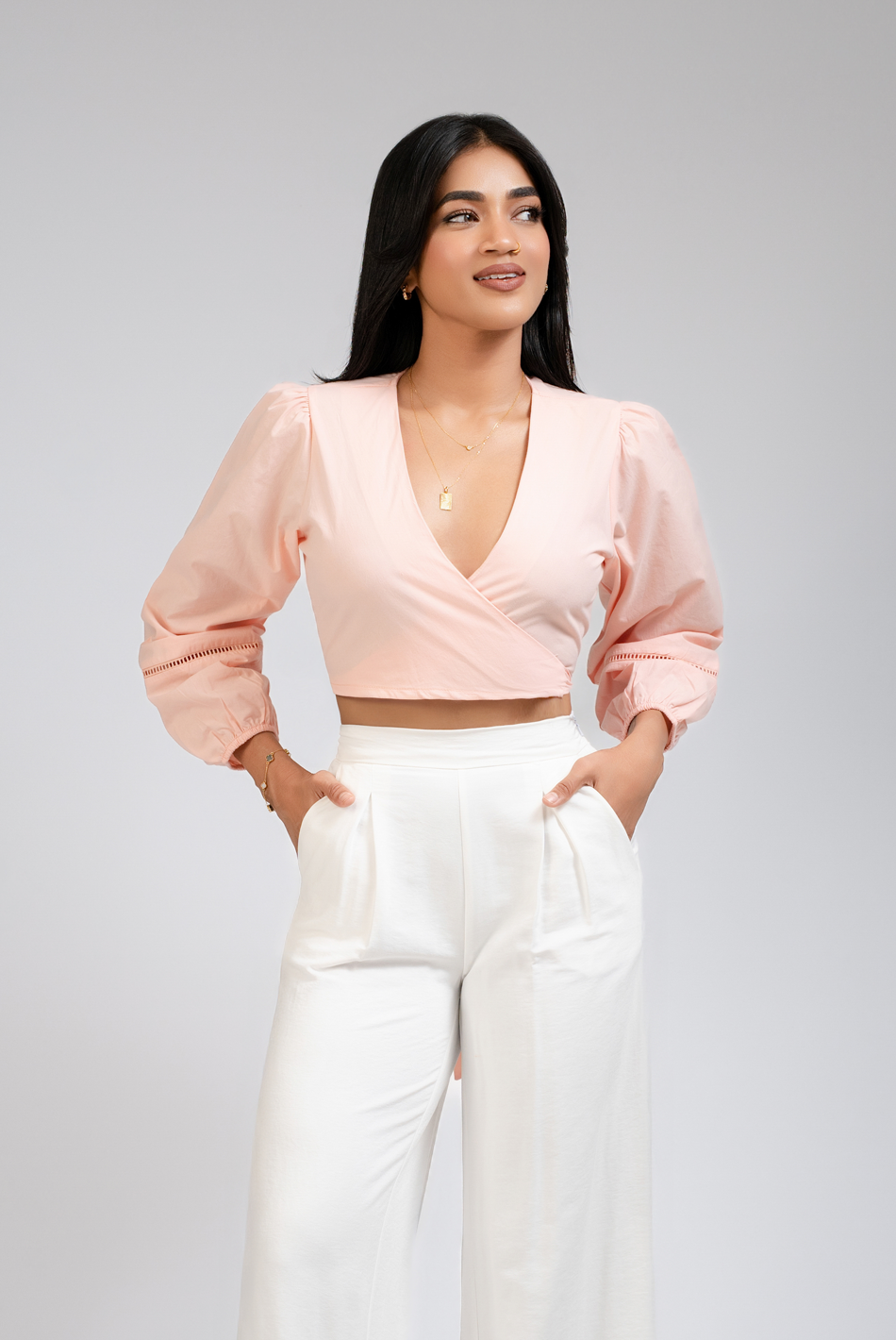 BAYLEEE AINSLEE PINK LONG SLEEVE WRAP TOP