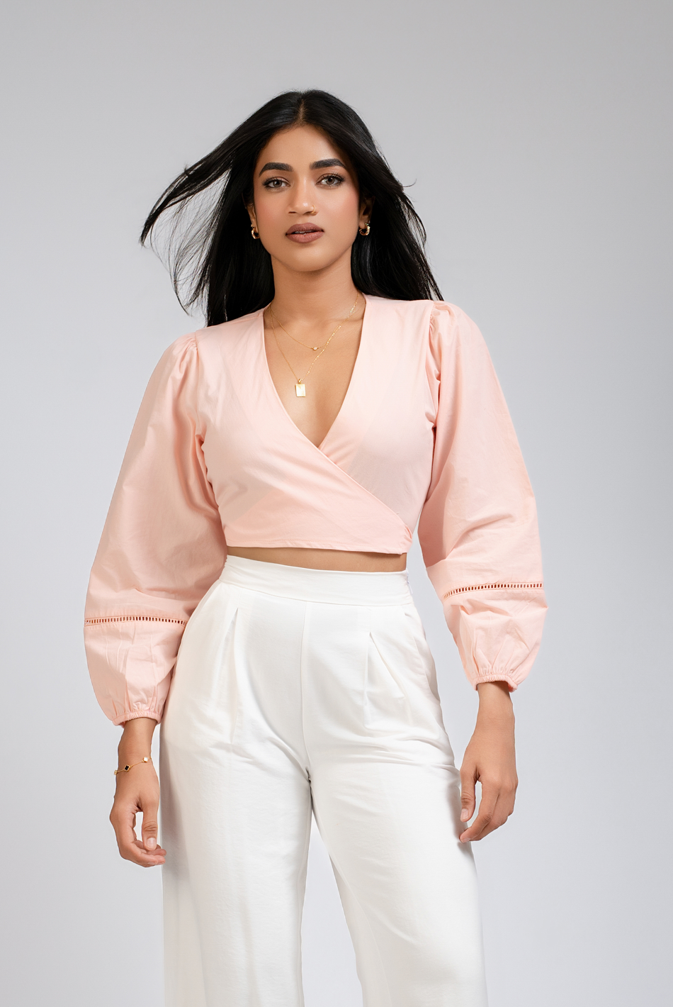 BAYLEEE AINSLEE PINK LONG SLEEVE WRAP TOP