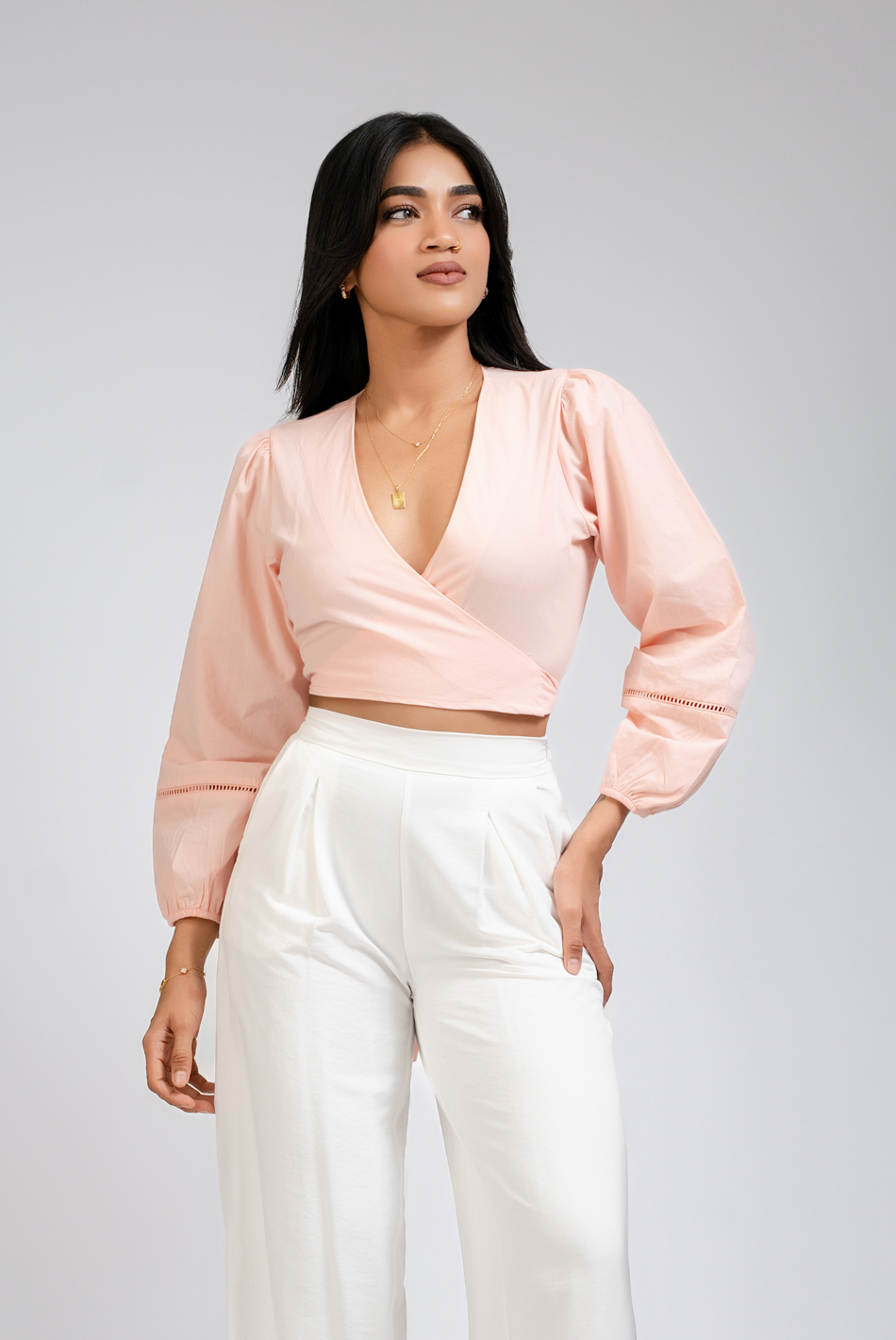 BAYLEEE AINSLEE PINK LONG SLEEVE WRAP TOP