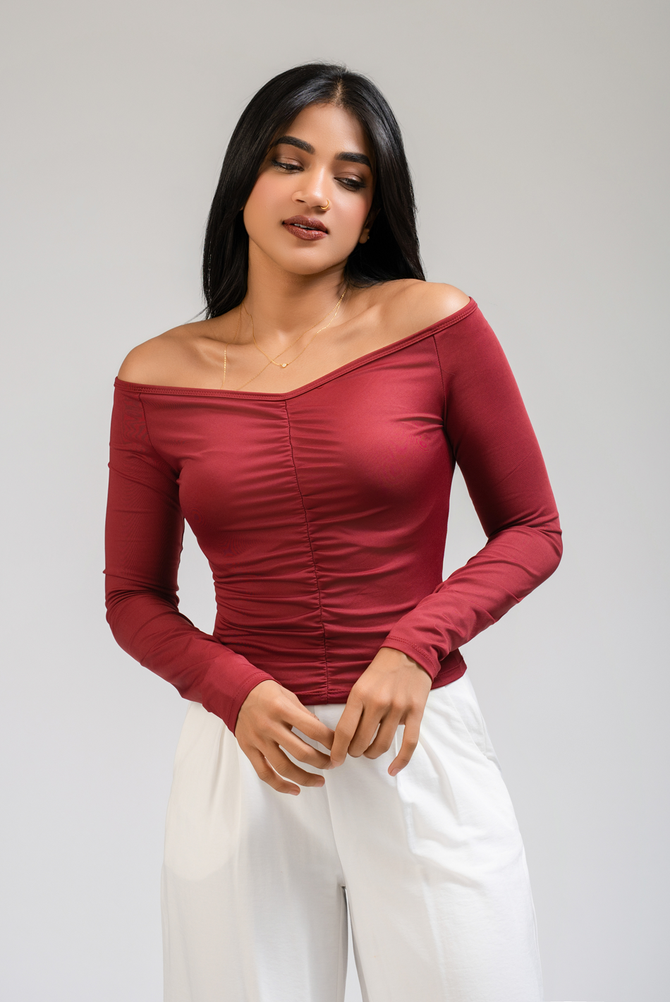 BAYLEEE ETHANY MAROON OFF SHOULDER TOP