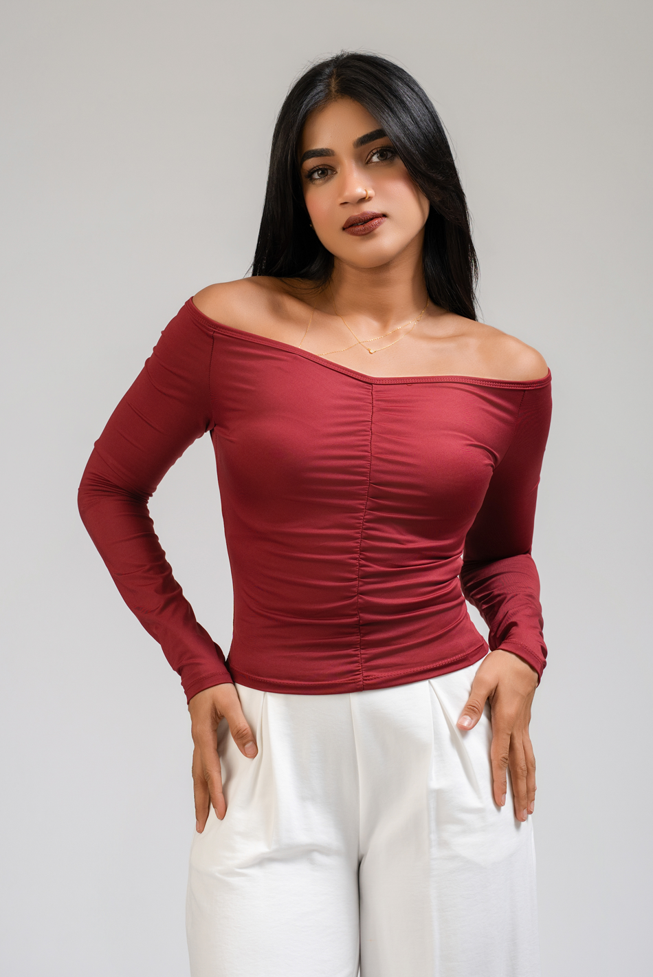 BAYLEEE ETHANY MAROON OFF SHOULDER TOP