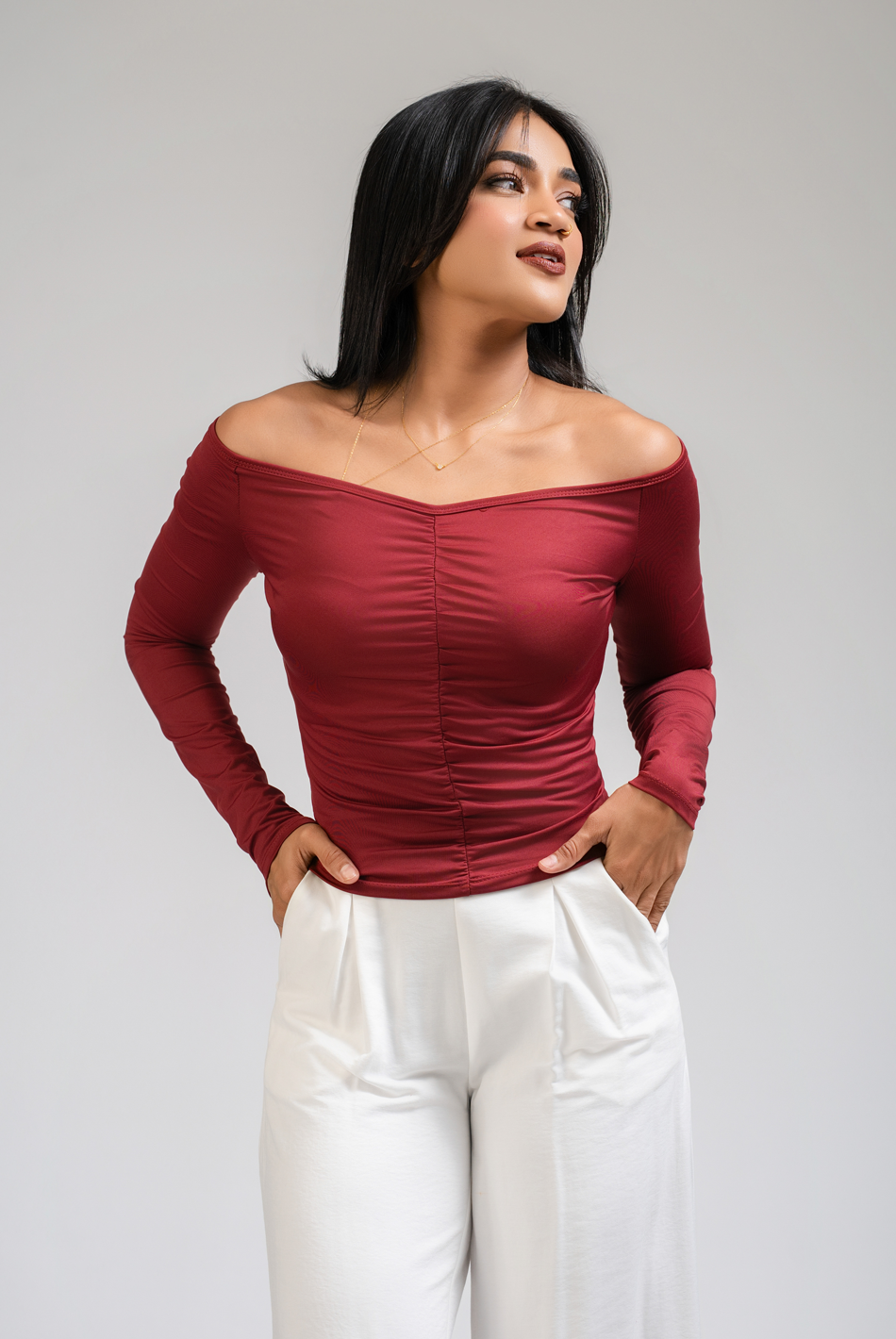 BAYLEEE ETHANY MAROON OFF SHOULDER TOP