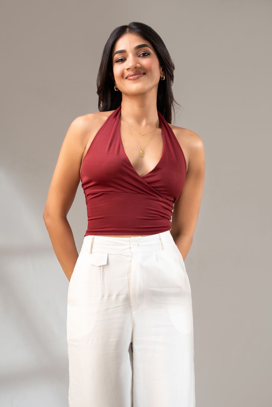 BAYLEEE ARKIN MAROON HALTER NECK TOP