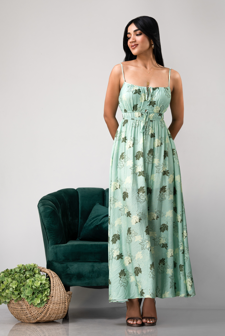 BAYLEEE ENDRI GREEN PRINTED MAXI DRESS