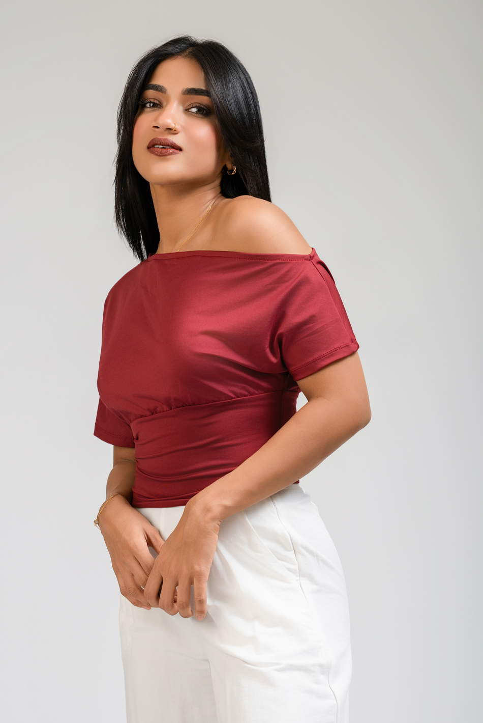 BAYLEEE ANALIA MAROON DROP SHOULDER TOP