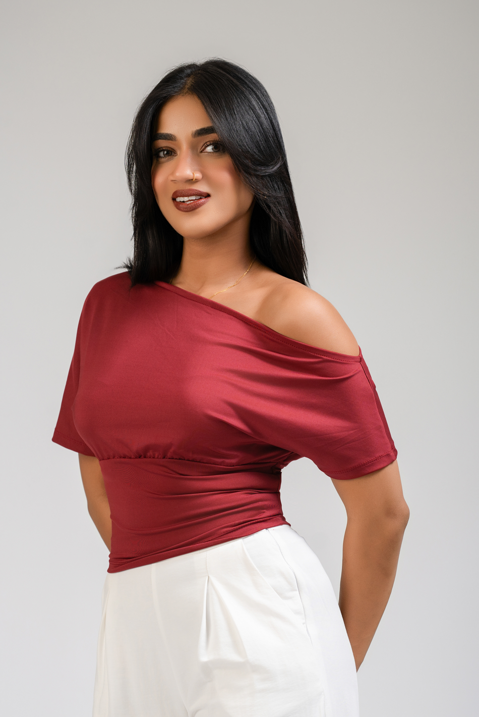 BAYLEEE ANALIA MAROON DROP SHOULDER TOP