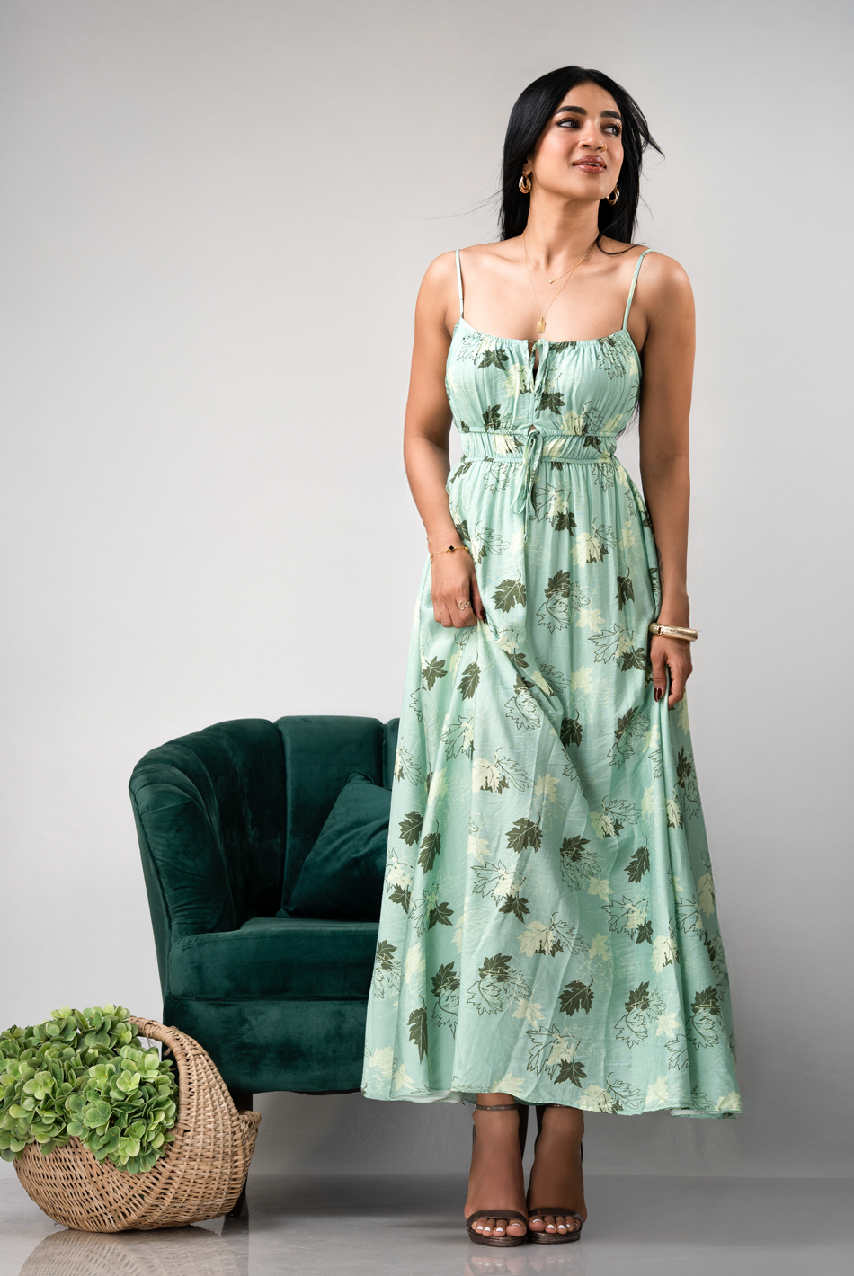 BAYLEEE ENDRI GREEN PRINTED MAXI DRESS