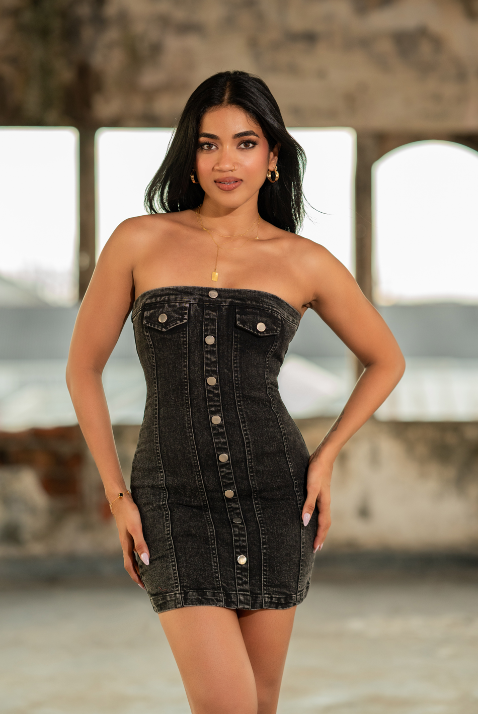 BAYLEEE NATALINA BLACK DENIM TUBE DRESS