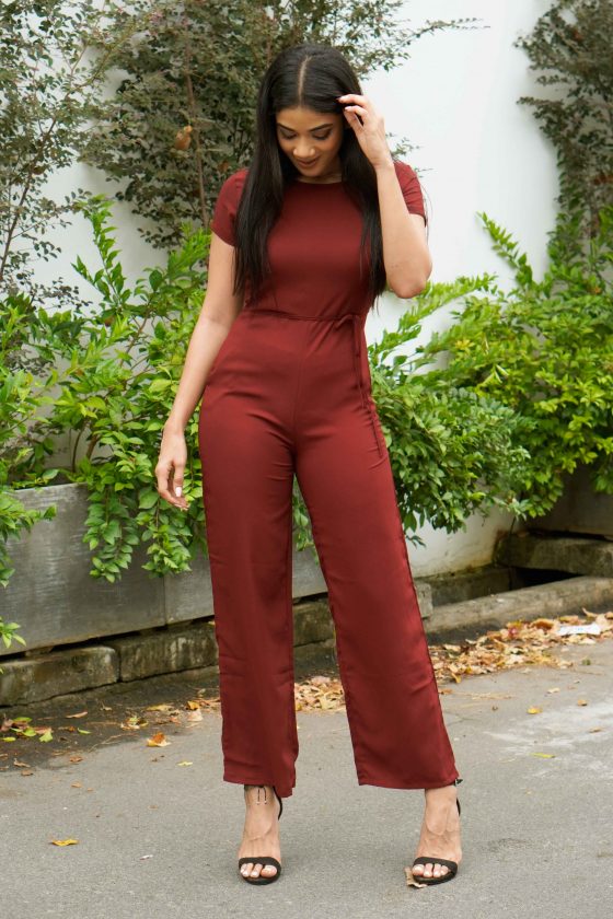 maroon colour jumpsuit